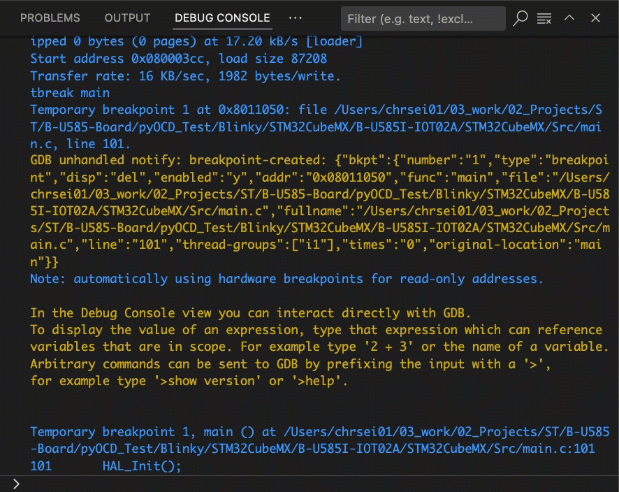 Entering GDB commands in the Debug Console REPL